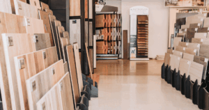 Tile and wood flooring samples on display in Las Vegas flooring store showroom