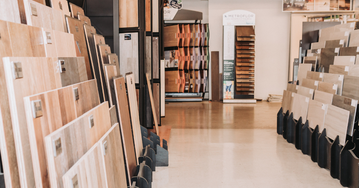 Tile and wood flooring samples on display in Las Vegas flooring store showroom