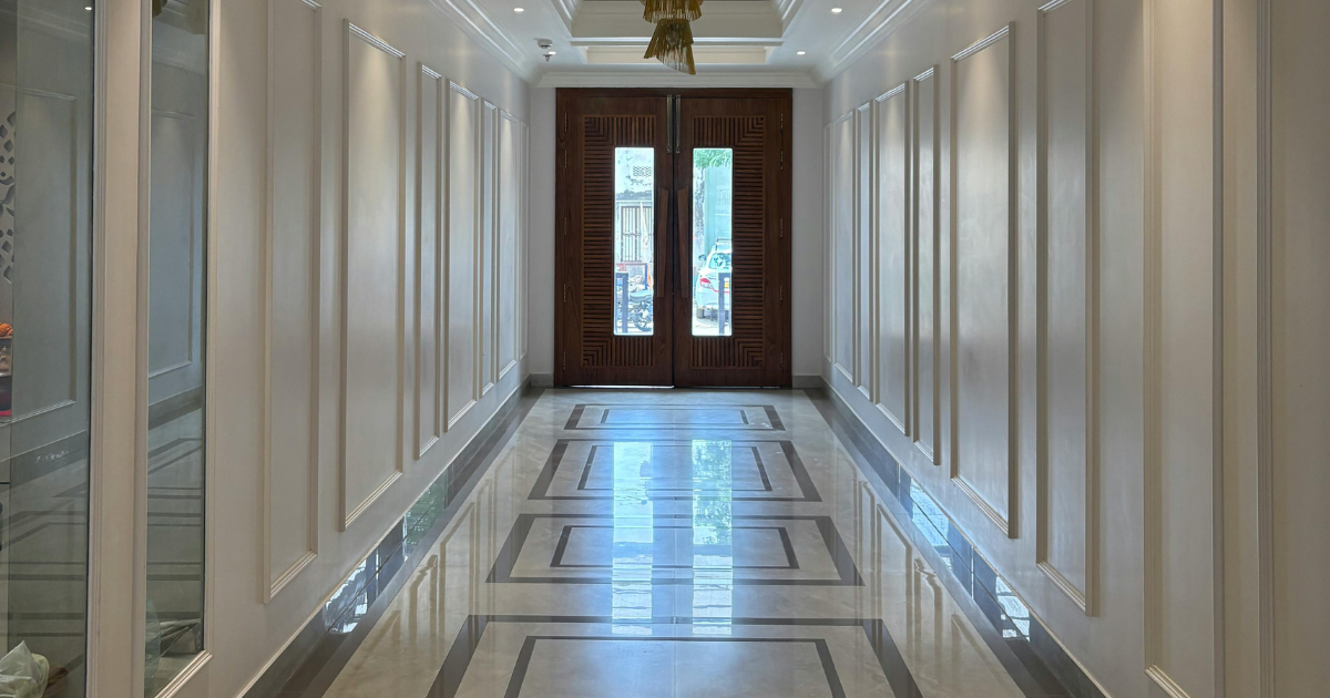 Polished marble corridor flooring inside a Las Vegas commercial property with elegant design.