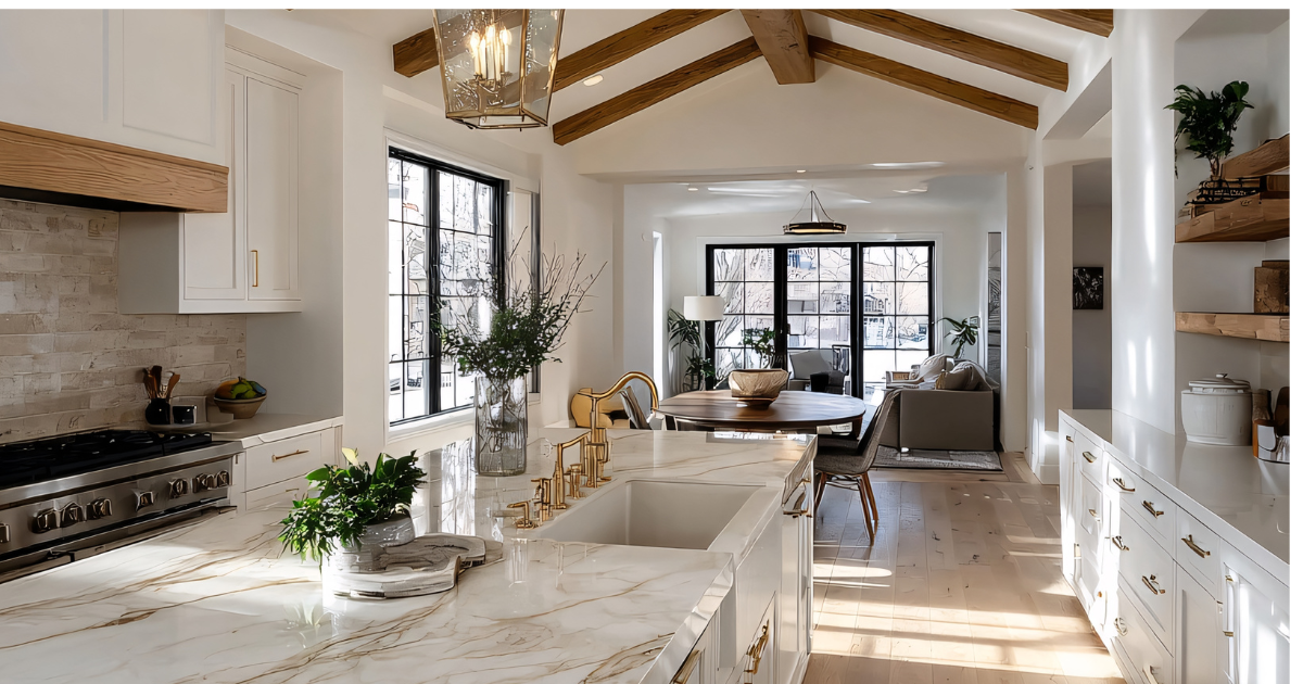 Bright modern kitchen featuring new hardwood flooring, white cabinets, gold fixtures, and marble countertops that highlight how flooring and cabinet updates increase home value.