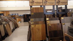 Affordable hardwood flooring installation in Las Vegas showroom featuring engineered wood flooring and premium wood flooring displays at One Stop 4 Flooring
