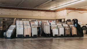 Scratch resistant flooring samples displayed in a Las Vegas flooring showroom